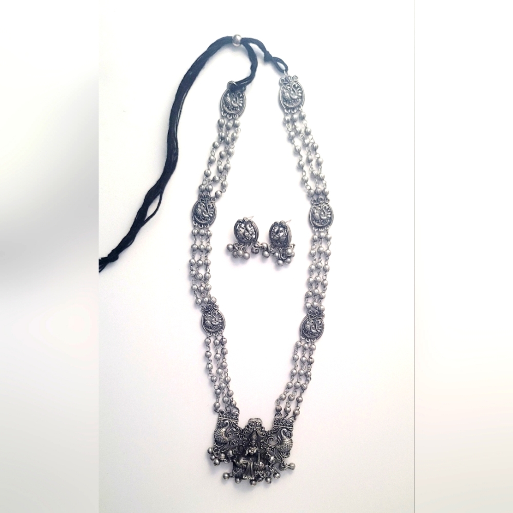 Oxidised Black Polish Long Mala Necklace and Earring Set